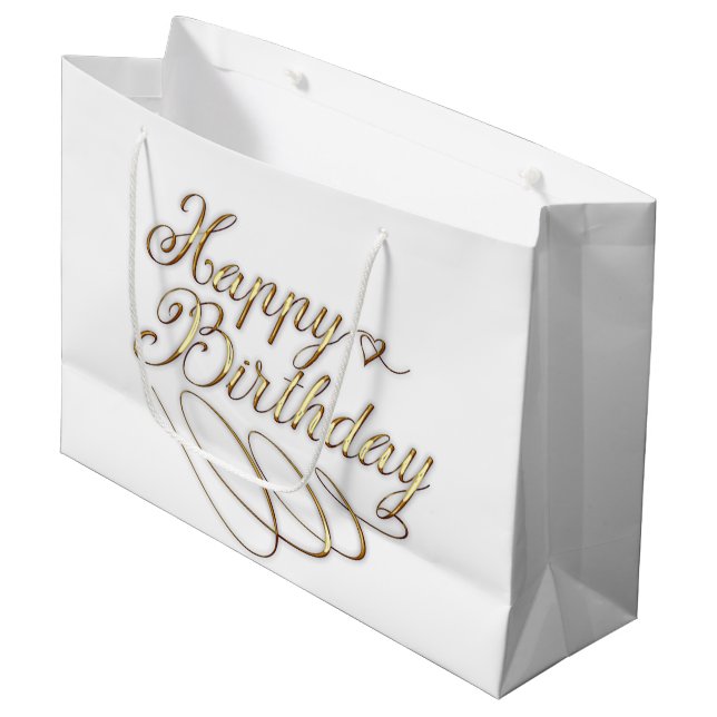 cute gold white Happy Birthday party Large Gift Bag (Front Angled)