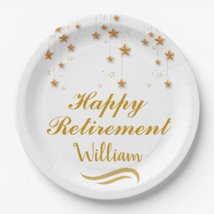 Cute gold & white script Happy Retirement   Paper Plates