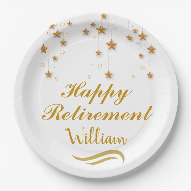 Cute gold & white script Happy Retirement   Paper Plates (Front)