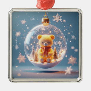 Cute Golden Bear Ornament in a Snowy Winter Scene
