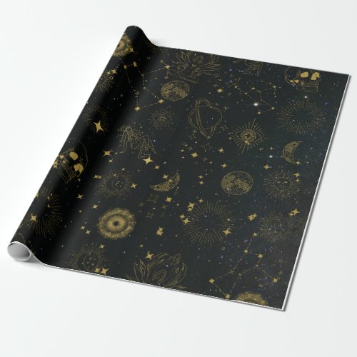Cute Golden Black Zodiac and Astrology Halloween Wrapping Paper