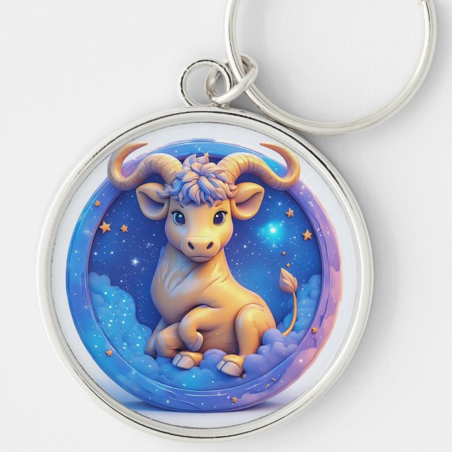 Cute Golden Bull in Cosmic Circle Keychain (Front)