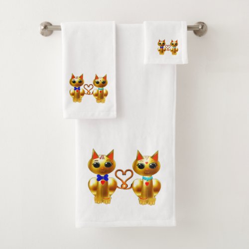 Cute Golden Cat Couple Bath Towel Set