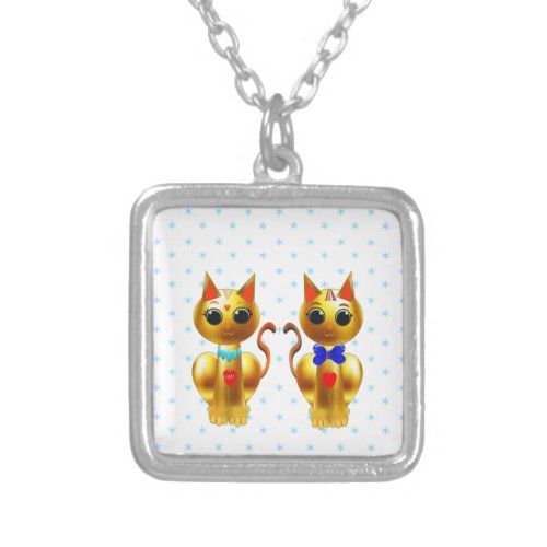 Cute Golden Cat Couple  Star Pattern Silver Plated Necklace
