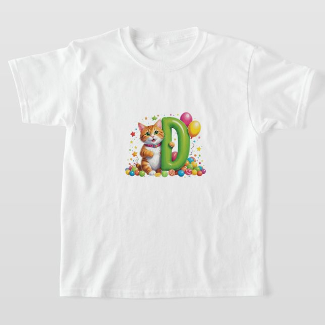 "Cute Golden Cat Holding Green Balloon Letter D   T-Shirt (Laydown)