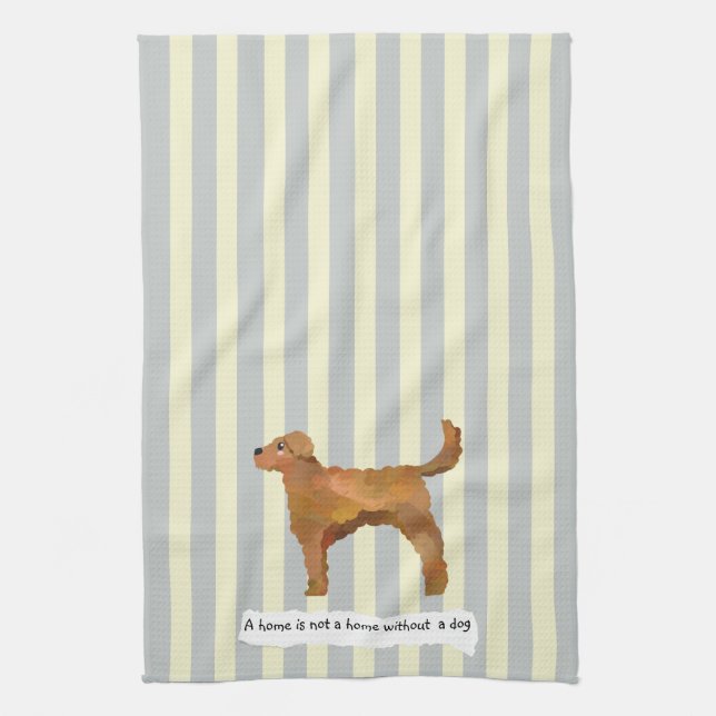 Cute Golden Doodle blue and cream striped Kitchen Towel (Vertical)