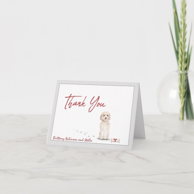 Cute Golden Doodle Dog Personalize Bone Ribbon  Thank You Card (Front)