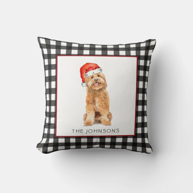 Cute Golden Doodle with plaid border Holiday Throw Pillow (Front)