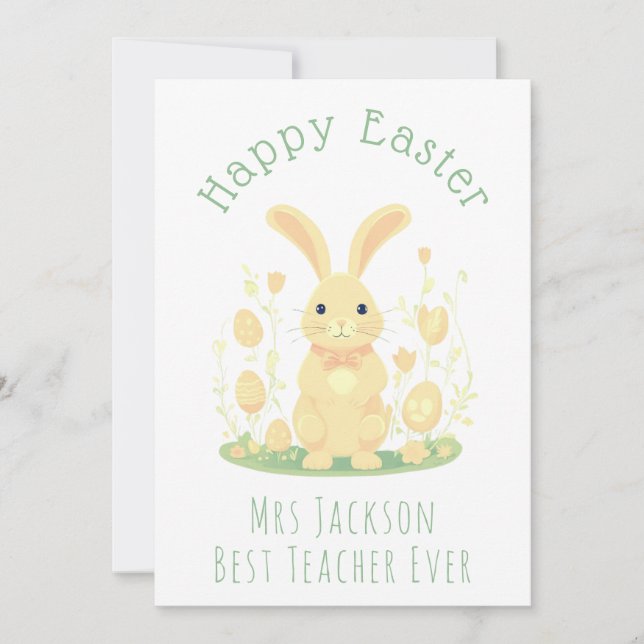 Cute Golden Easter Bunny Kindergarten Teacher Holiday Card (Front)