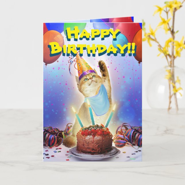 Cute Golden Festive Birthday Kitty Card (Yellow Flower)