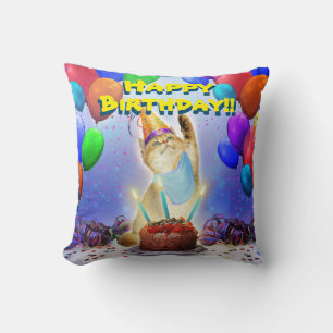 Cute Golden Festive Birthday Kitty Throw Pillow