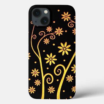 Cute Golden Flowers On Black Background Iphone 13 Case by BestCases4u at Zazzle