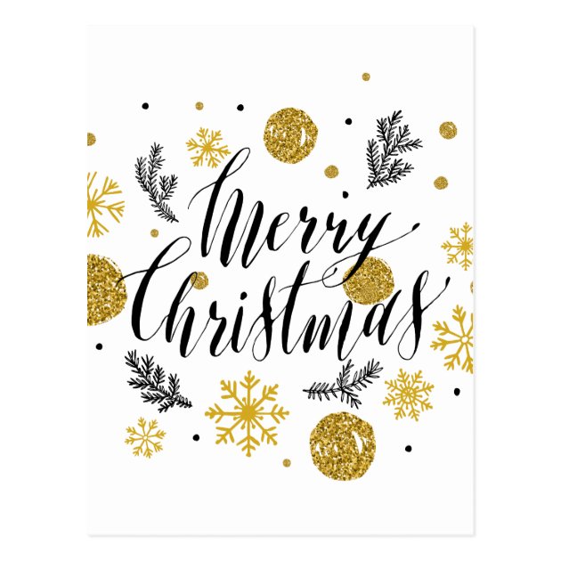 Cute Golden Hand Written Merry Christmas Glitters Postcard