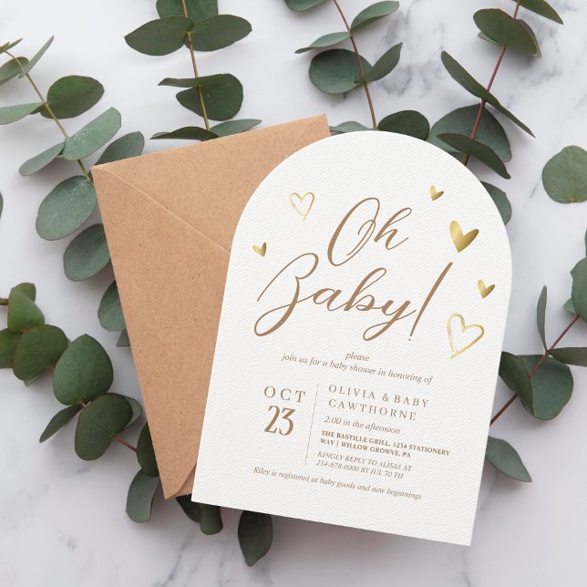 Cute Golden Hearts Neutral Oh Baby Shower Invitation (Creator Uploaded)