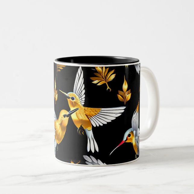Cute Golden Hummingbirds on Black Two-Tone Coffee  Two-Tone Coffee Mug (Front Right)