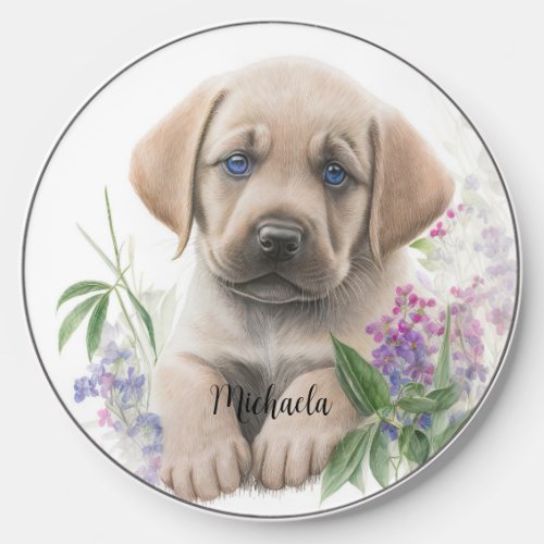 Cute Golden Labrador Puppy Floral Personalized Wireless Charger