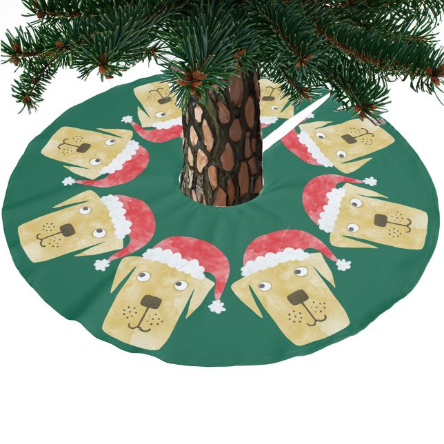 Cute Golden Labrador Retriever Dog in Santa Hat Brushed Polyester Tree Skirt (Fun Golden or Yellow Labrador Retriever dog in a Santa Hat red green festive Christmas tree skirt)