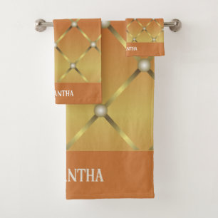 Cute Golden Orange Geometric Mesh Name Bath Towel Set