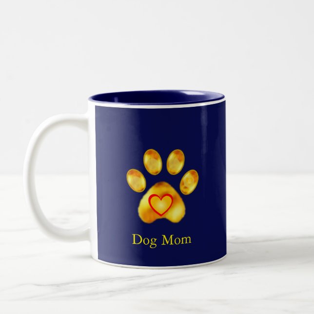 Cute Golden Paw Dog Mom on Navy Blue Two-Tone Coffee Mug (Left)