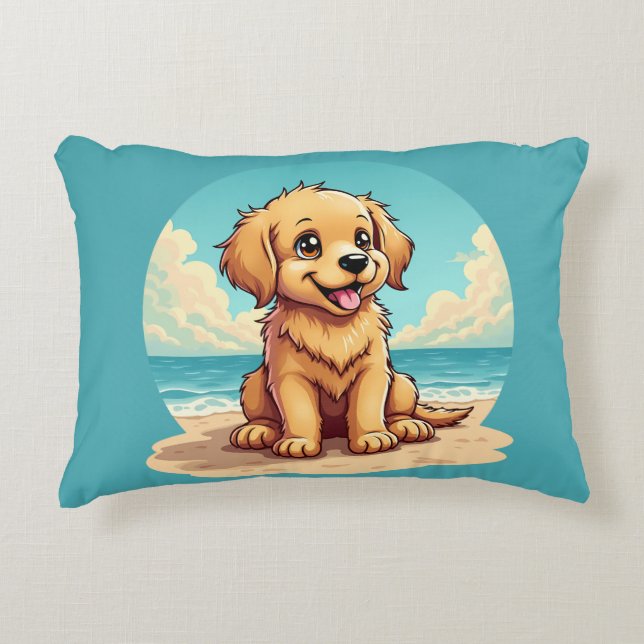 Cute Golden Puppy at Sunny Beach Scene Accent Pillow (Front)