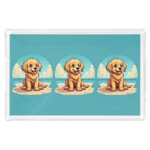 Cute Golden Puppy at Sunny Beach Scene Acrylic Tray