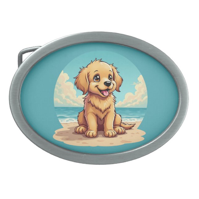 Cute Golden Puppy at Sunny Beach Scene Belt Buckle (Front)