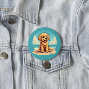 Cute Golden Puppy at Sunny Beach Scene Button