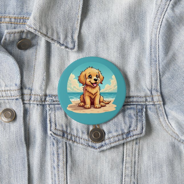 Cute Golden Puppy at Sunny Beach Scene Button (In Situ)