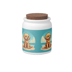 Cute Golden Puppy at Sunny Beach Scene Candy Jar