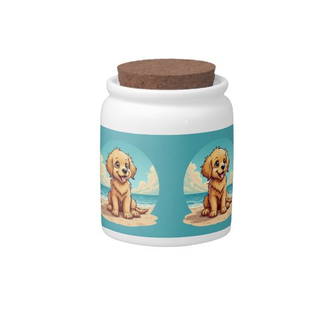 Cute Golden Puppy at Sunny Beach Scene Candy Jar (Front)