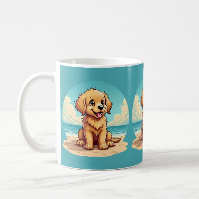 Cute Golden Puppy at Sunny Beach Scene Coffee Mug (Left)
