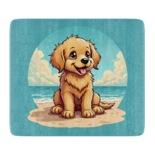 Cute Golden Puppy at Sunny Beach Scene Cutting Board