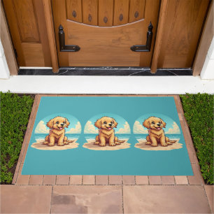 Cute Golden Puppy at Sunny Beach Scene Doormat