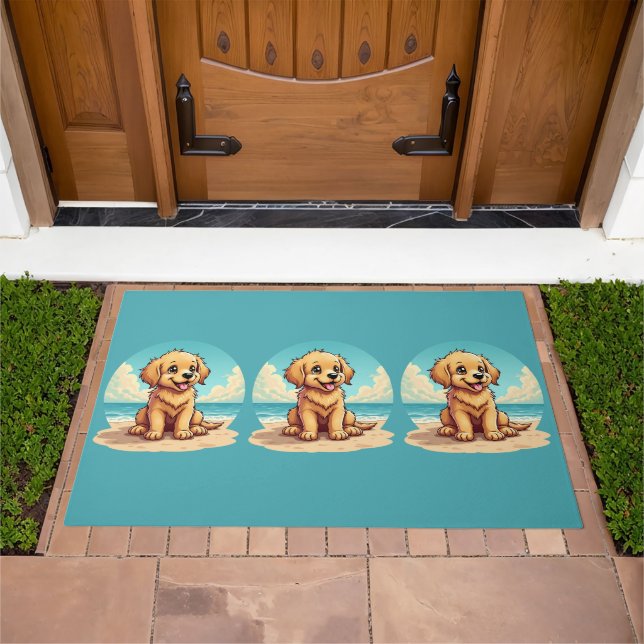 Cute Golden Puppy at Sunny Beach Scene Doormat (Outdoor)