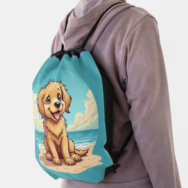 Cute Golden Puppy at Sunny Beach Scene Drawstring Bag (Insitu)
