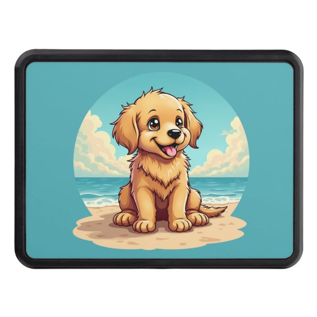 Cute Golden Puppy at Sunny Beach Scene Hitch Cover (Front)