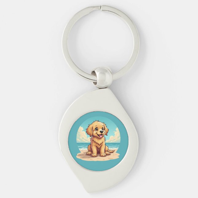 Cute Golden Puppy at Sunny Beach Scene Keychain (Front)