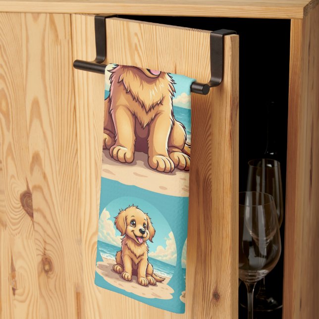 Cute Golden Puppy at Sunny Beach Scene Kitchen Towel (Thirds Fold)