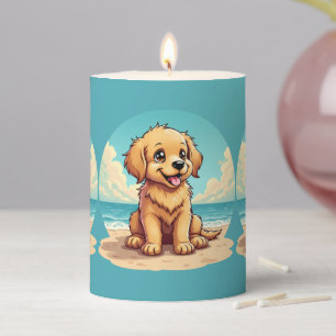 Cute Golden Puppy at Sunny Beach Scene Pillar Candle