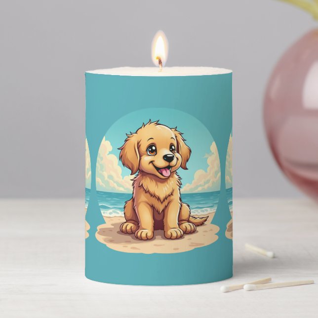 Cute Golden Puppy at Sunny Beach Scene Pillar Candle (In Situ)