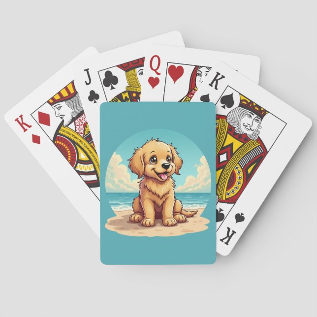 Cute Golden Puppy at Sunny Beach Scene Poker Cards (Back)
