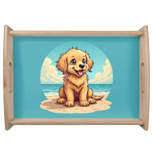 Cute Golden Puppy at Sunny Beach Scene Serving Tray