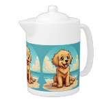 Cute Golden Puppy at Sunny Beach Scene Teapot