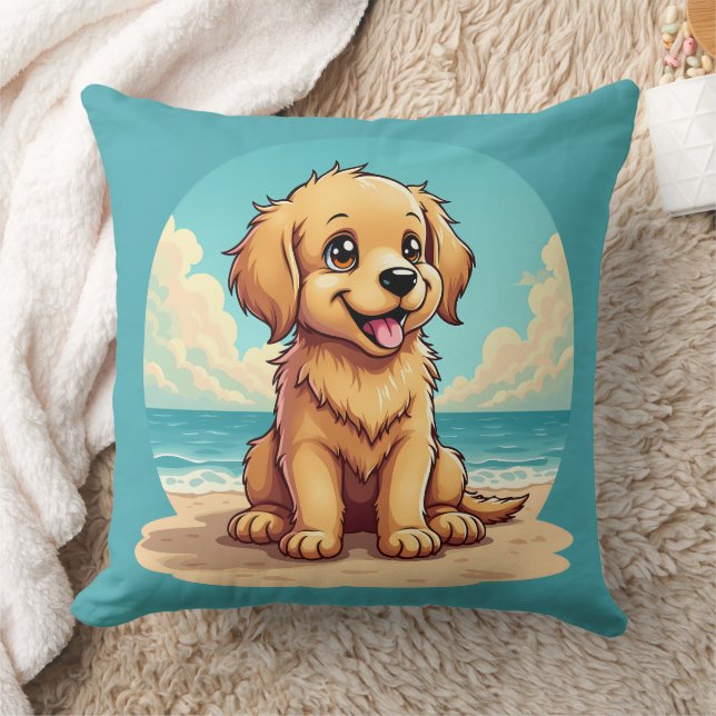 Cute Golden Puppy at Sunny Beach Scene Throw Pillow (Blanket)