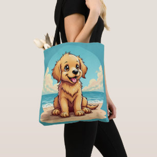 Cute Golden Puppy at Sunny Beach Scene Tote Bag