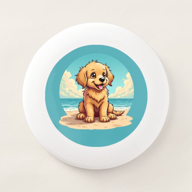 Cute Golden Puppy at Sunny Beach Scene Wham-O Frisbee (Front)