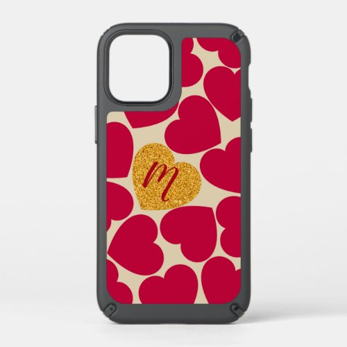 Cute golden red hearts sparkly monogram design speck iPhone 12 mini case