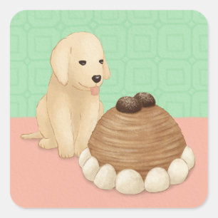 Cute Golden Retriever and Dessert Illustration Square Sticker