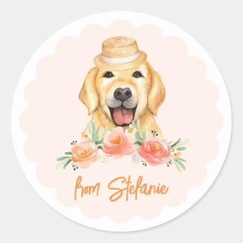 Cute Golden Retriever and Peach Flowers Birthday Classic Round Sticker