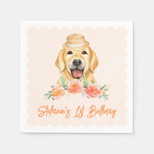 Cute Golden Retriever and Peach Flowers Birthday Napkins (Front)
